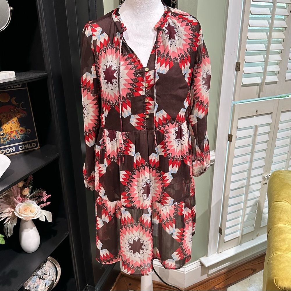 Loft Patchwork Tie Neck Pocket Dress Size Small